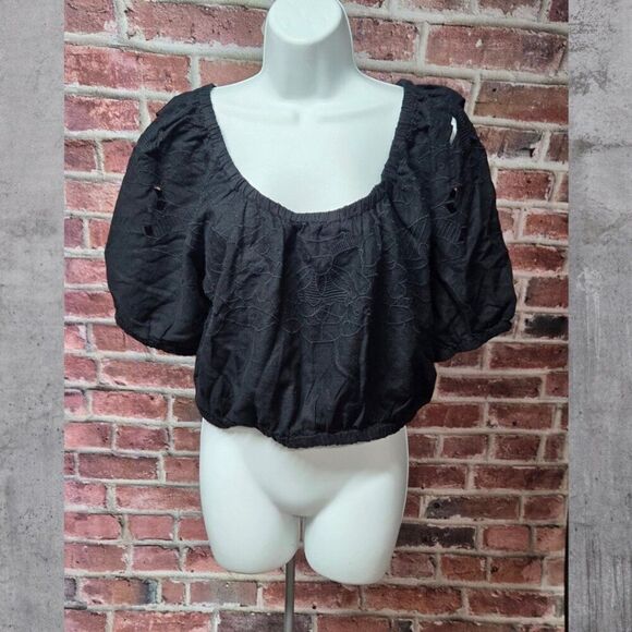 Universal Thread Black Open Knit Cropped Top Medium Puff Sleeve Scoop Neck Linen - Picture 1 of 5